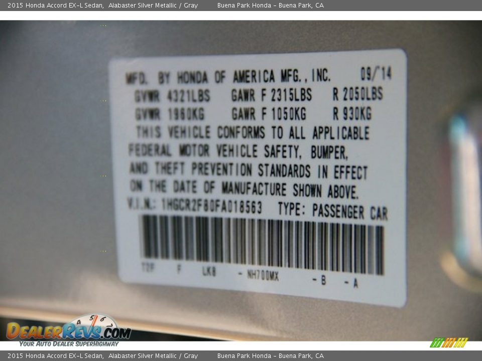 2015 Honda Accord EX-L Sedan Alabaster Silver Metallic / Gray Photo #20