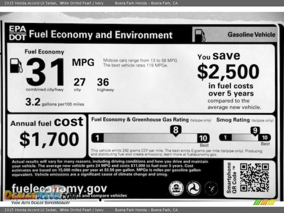 2015 Honda Accord LX Sedan White Orchid Pearl / Ivory Photo #19