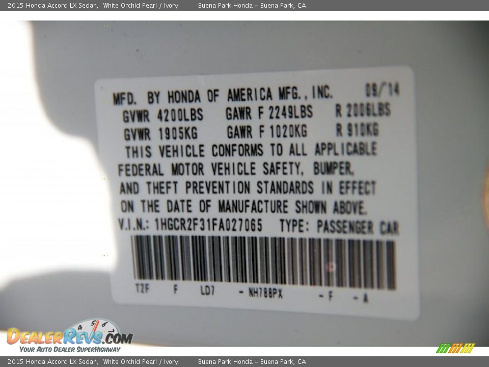 2015 Honda Accord LX Sedan White Orchid Pearl / Ivory Photo #21