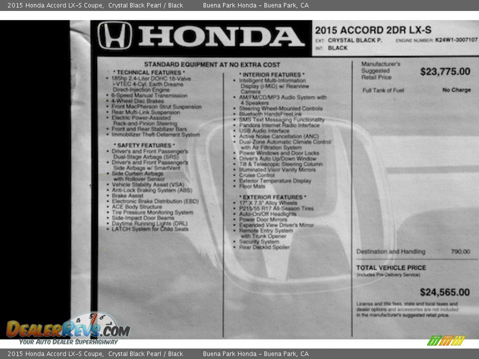 2015 Honda Accord LX-S Coupe Crystal Black Pearl / Black Photo #17