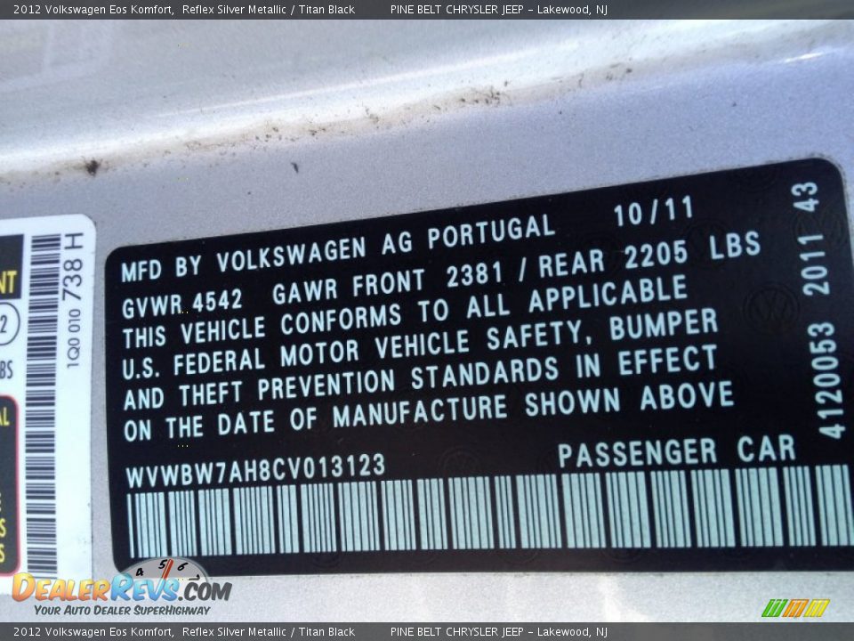 2012 Volkswagen Eos Komfort Reflex Silver Metallic / Titan Black Photo #14