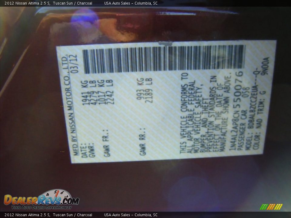 2012 Nissan Altima 2.5 S Tuscan Sun / Charcoal Photo #21