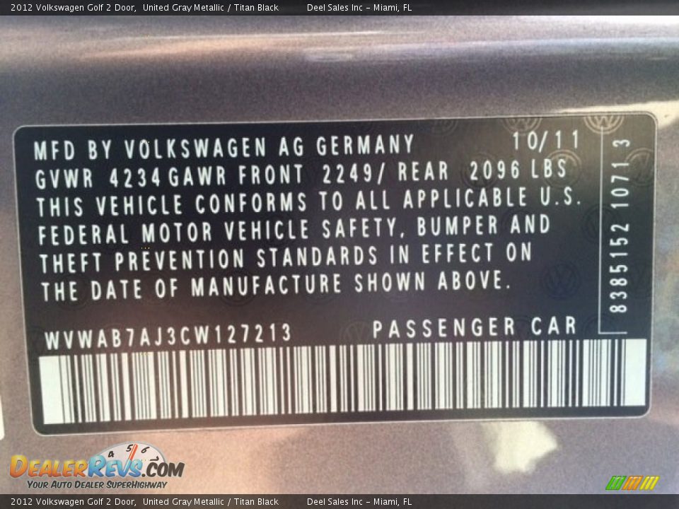 2012 Volkswagen Golf 2 Door United Gray Metallic / Titan Black Photo #14