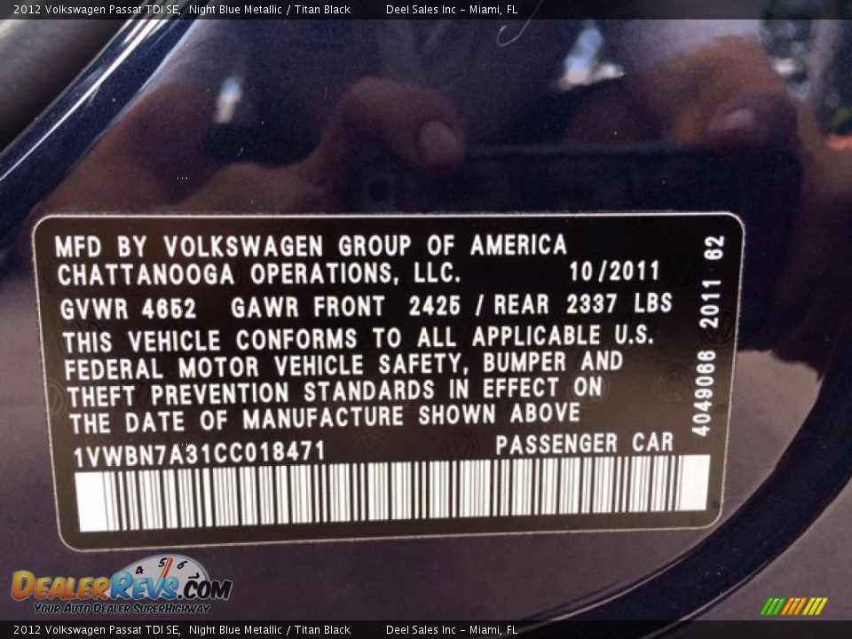2012 Volkswagen Passat TDI SE Night Blue Metallic / Titan Black Photo #14