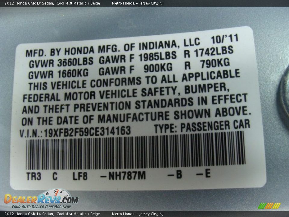 2012 Honda Civic LX Sedan Cool Mist Metallic / Beige Photo #30