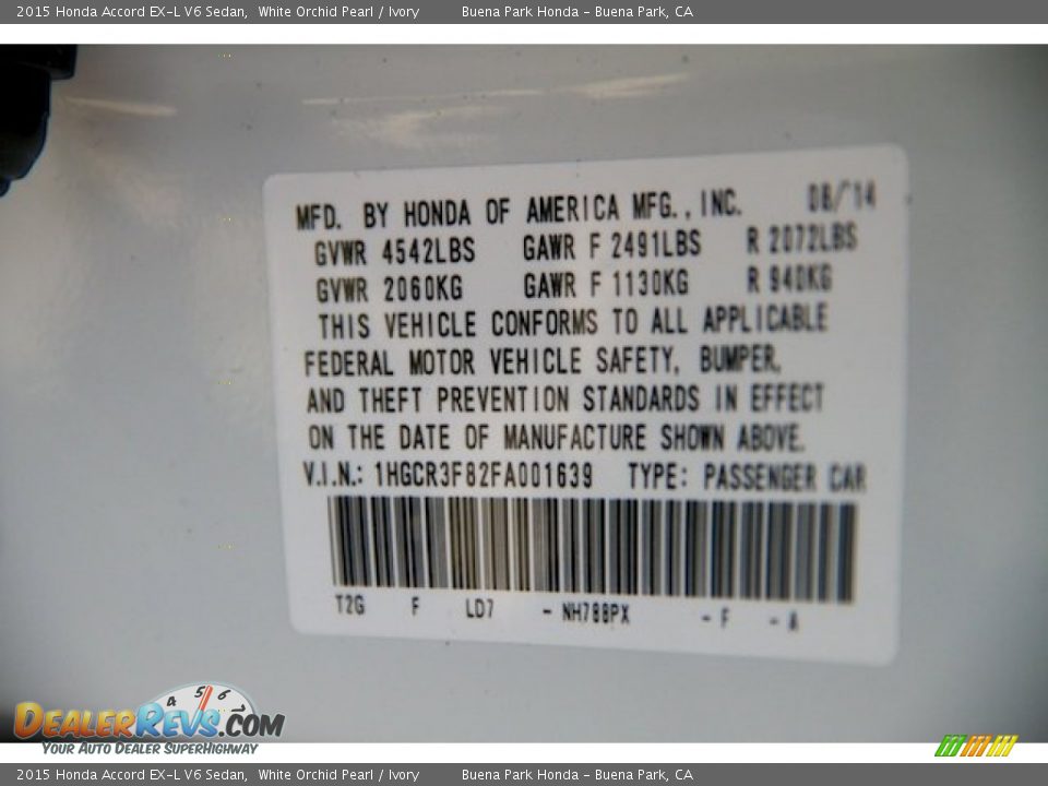 2015 Honda Accord EX-L V6 Sedan White Orchid Pearl / Ivory Photo #20