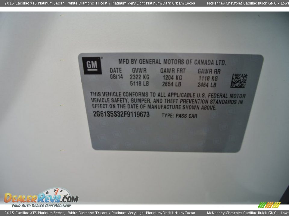 Info Tag of 2015 Cadillac XTS Platinum Sedan Photo #7
