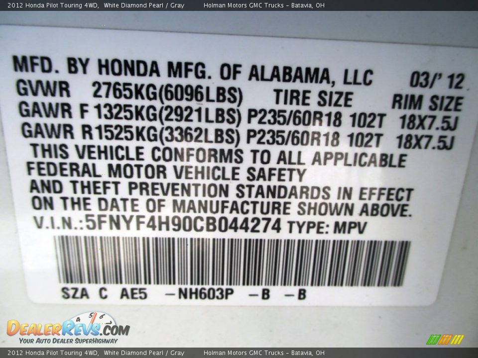 2012 Honda Pilot Touring 4WD White Diamond Pearl / Gray Photo #4