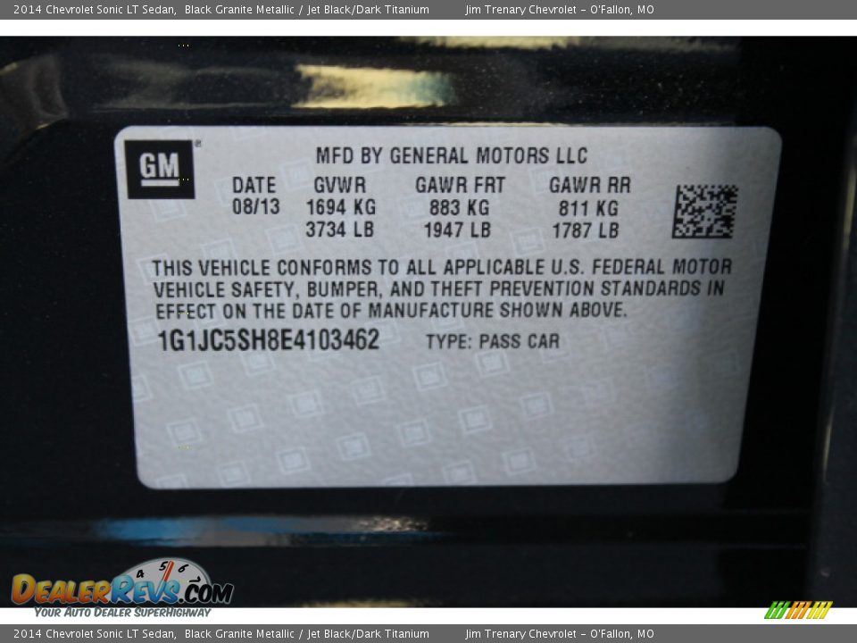2014 Chevrolet Sonic LT Sedan Black Granite Metallic / Jet Black/Dark Titanium Photo #17