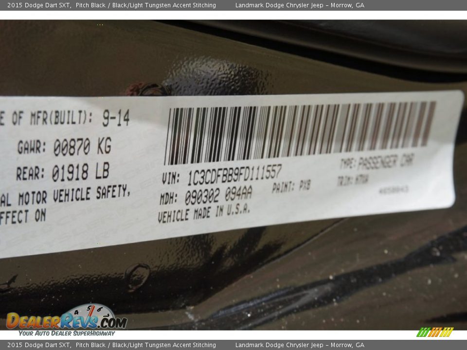 2015 Dodge Dart SXT Pitch Black / Black/Light Tungsten Accent Stitching Photo #9