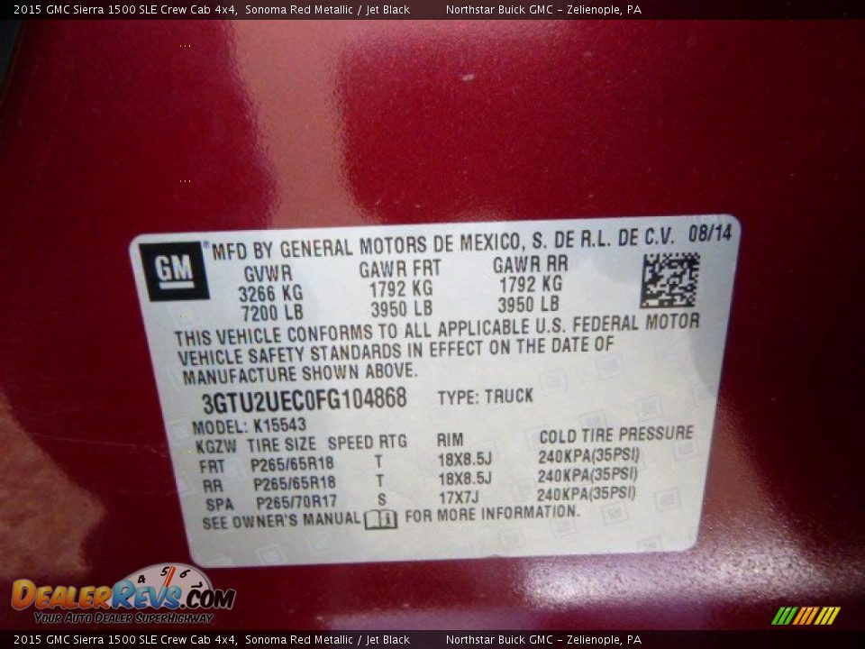 2015 GMC Sierra 1500 SLE Crew Cab 4x4 Sonoma Red Metallic / Jet Black Photo #20