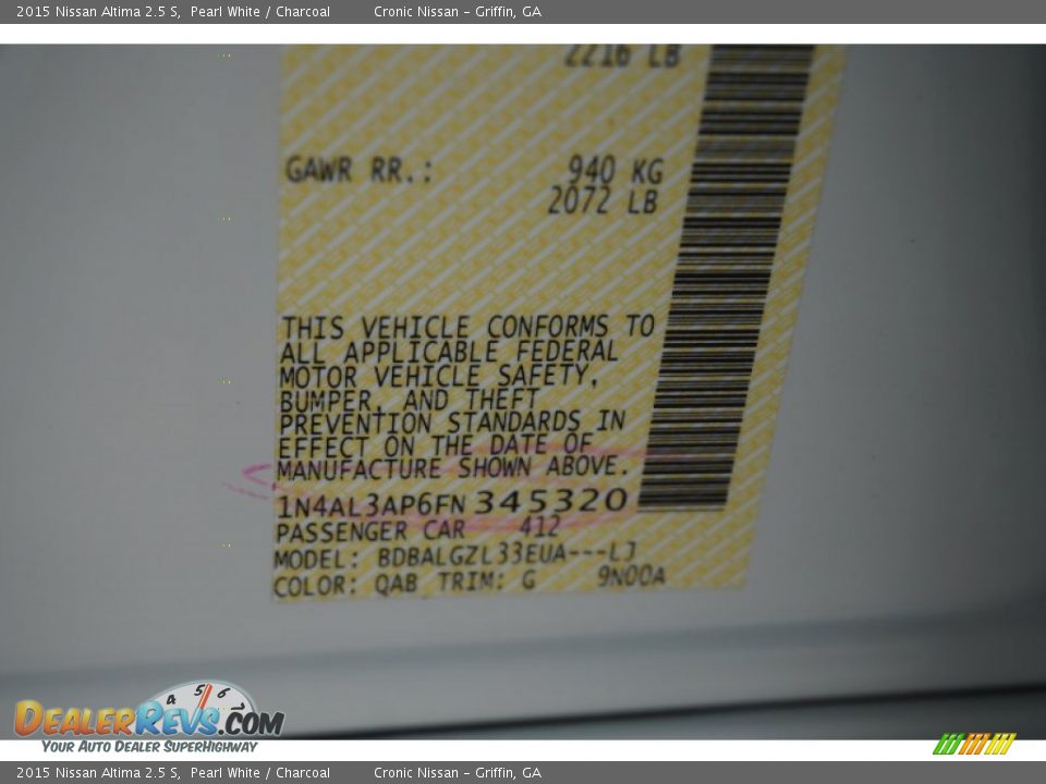 2015 Nissan Altima 2.5 S Pearl White / Charcoal Photo #15
