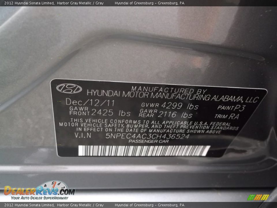 2012 Hyundai Sonata Limited Harbor Gray Metallic / Gray Photo #24
