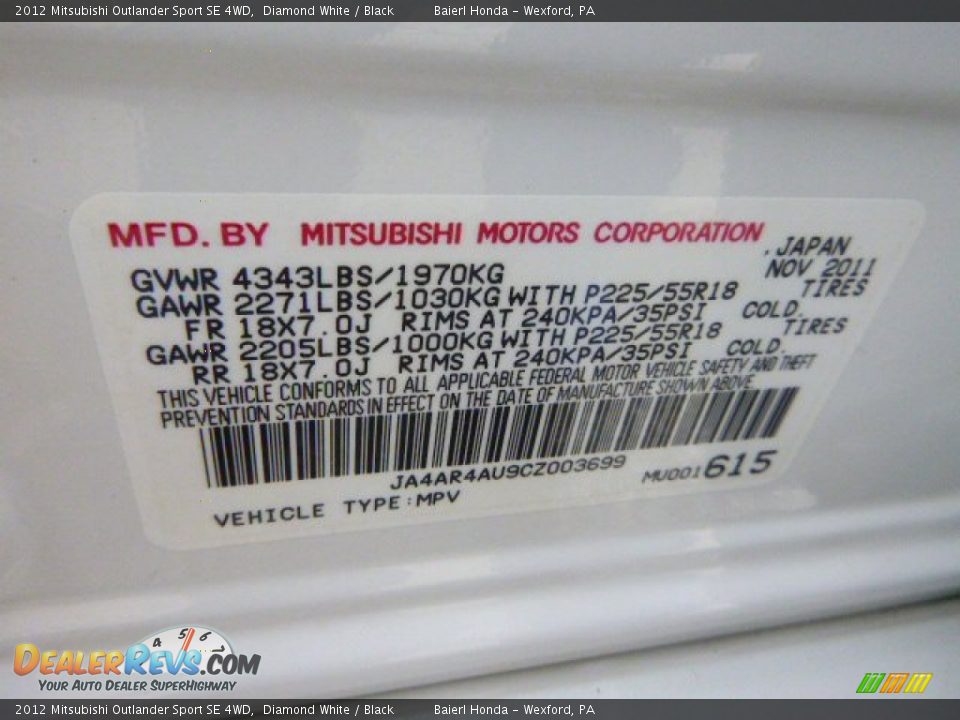 2012 Mitsubishi Outlander Sport SE 4WD Diamond White / Black Photo #18