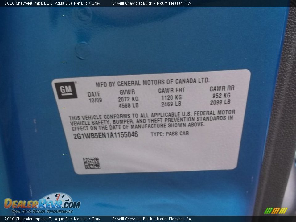 2010 Chevrolet Impala LT Aqua Blue Metallic / Gray Photo #33