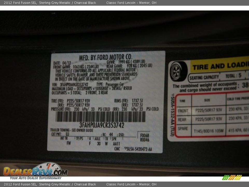 2012 Ford Fusion SEL Sterling Grey Metallic / Charcoal Black Photo #23