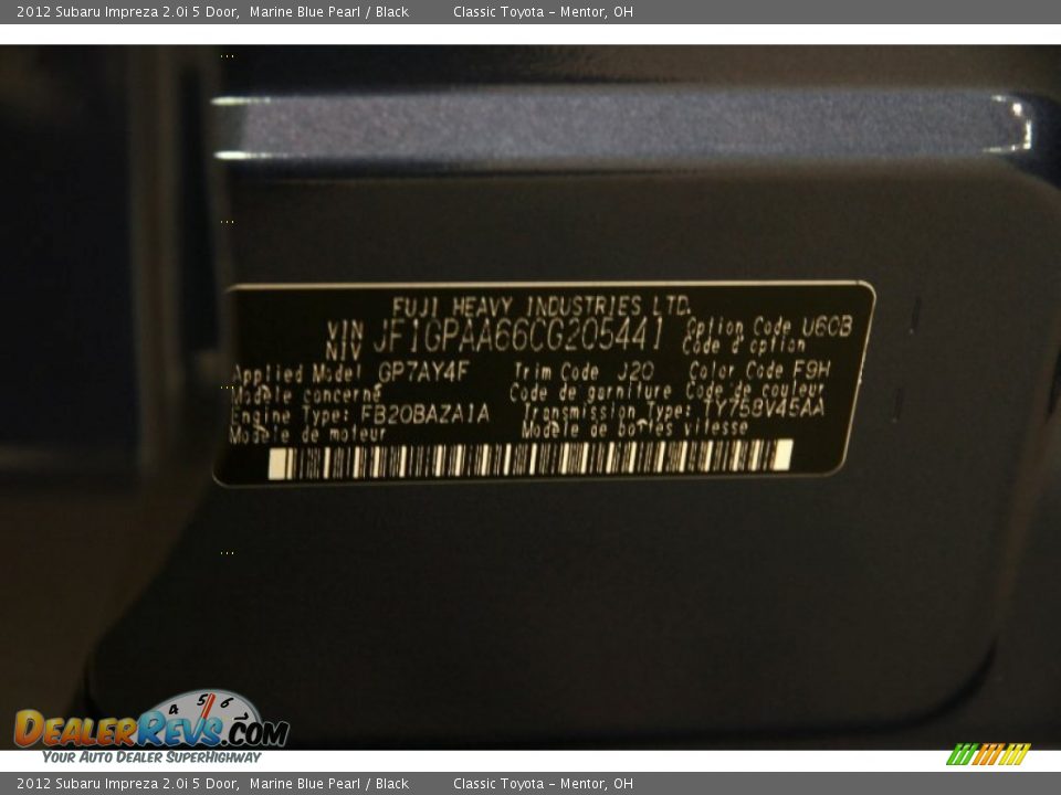 2012 Subaru Impreza 2.0i 5 Door Marine Blue Pearl / Black Photo #15