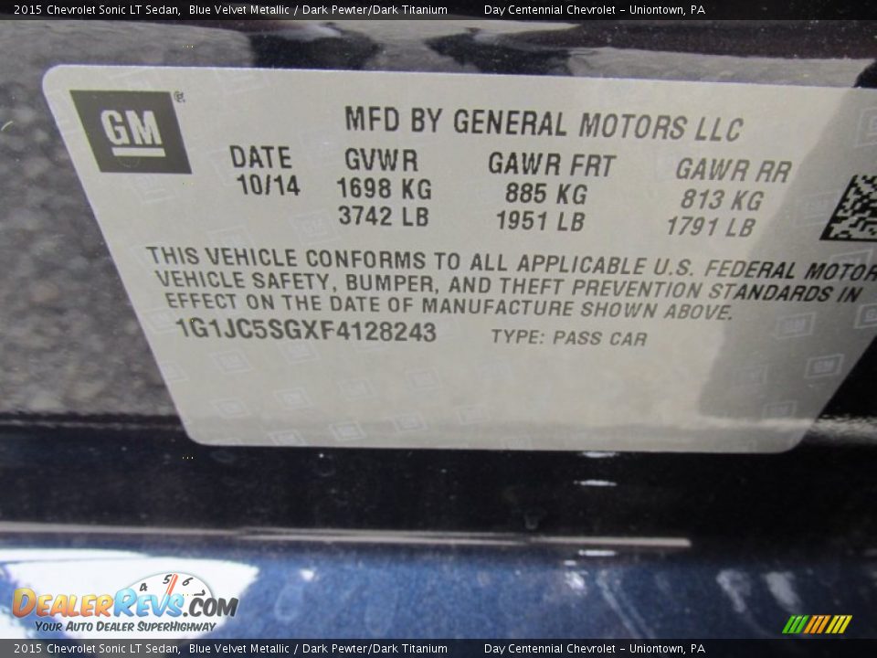 2015 Chevrolet Sonic LT Sedan Blue Velvet Metallic / Dark Pewter/Dark Titanium Photo #19