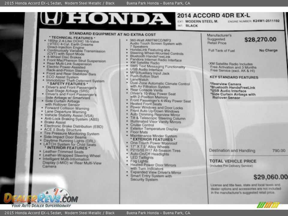 2015 Honda Accord EX-L Sedan Modern Steel Metallic / Black Photo #20