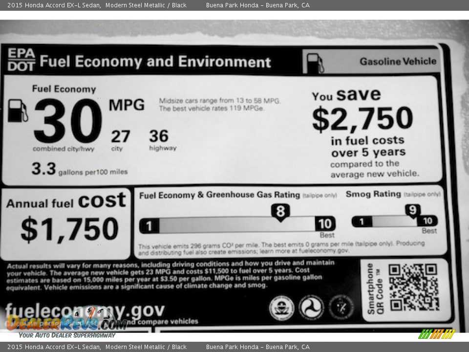 2015 Honda Accord EX-L Sedan Modern Steel Metallic / Black Photo #21