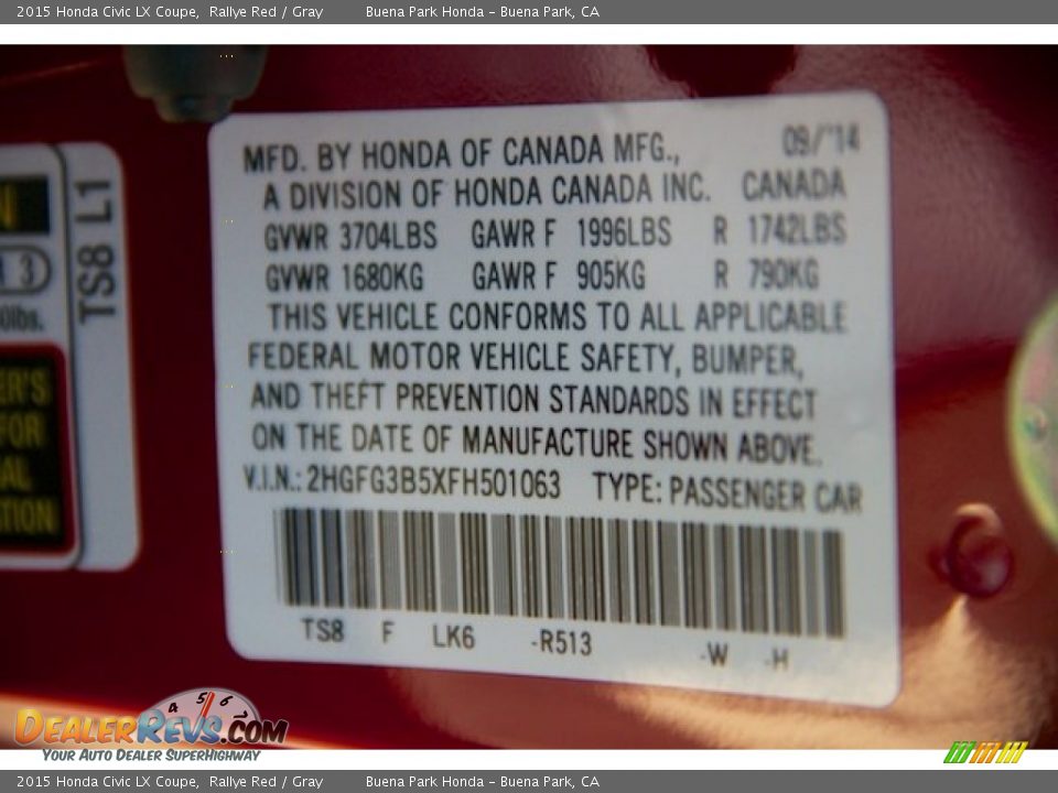 2015 Honda Civic LX Coupe Rallye Red / Gray Photo #20