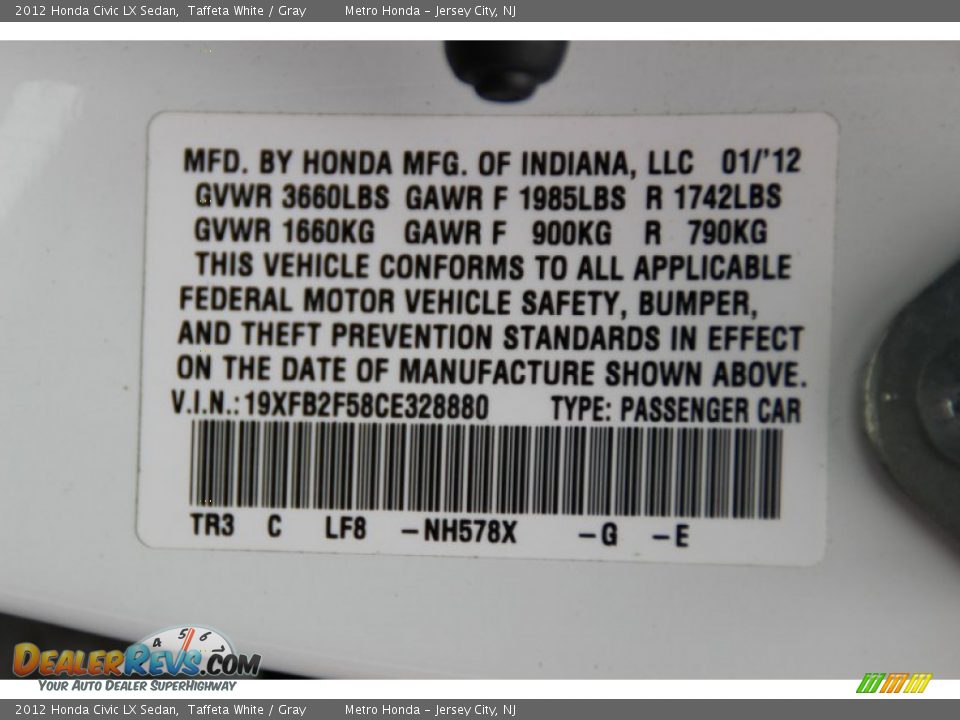 2012 Honda Civic LX Sedan Taffeta White / Gray Photo #33