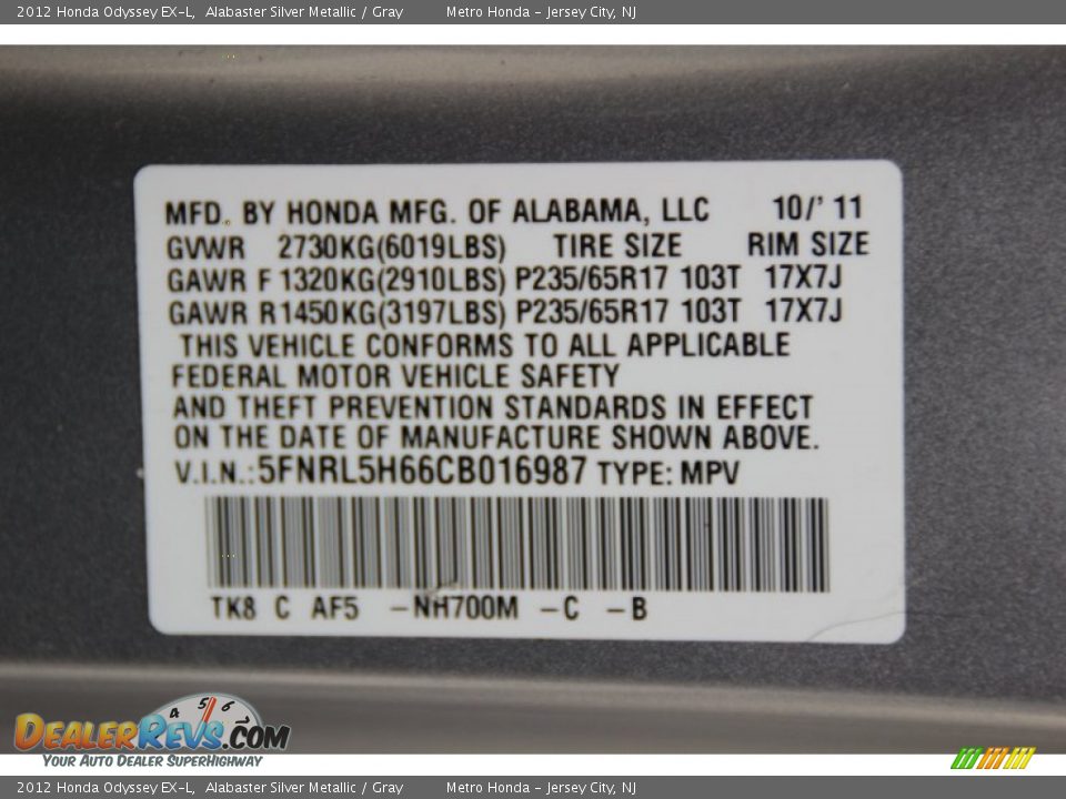 2012 Honda Odyssey EX-L Alabaster Silver Metallic / Gray Photo #33