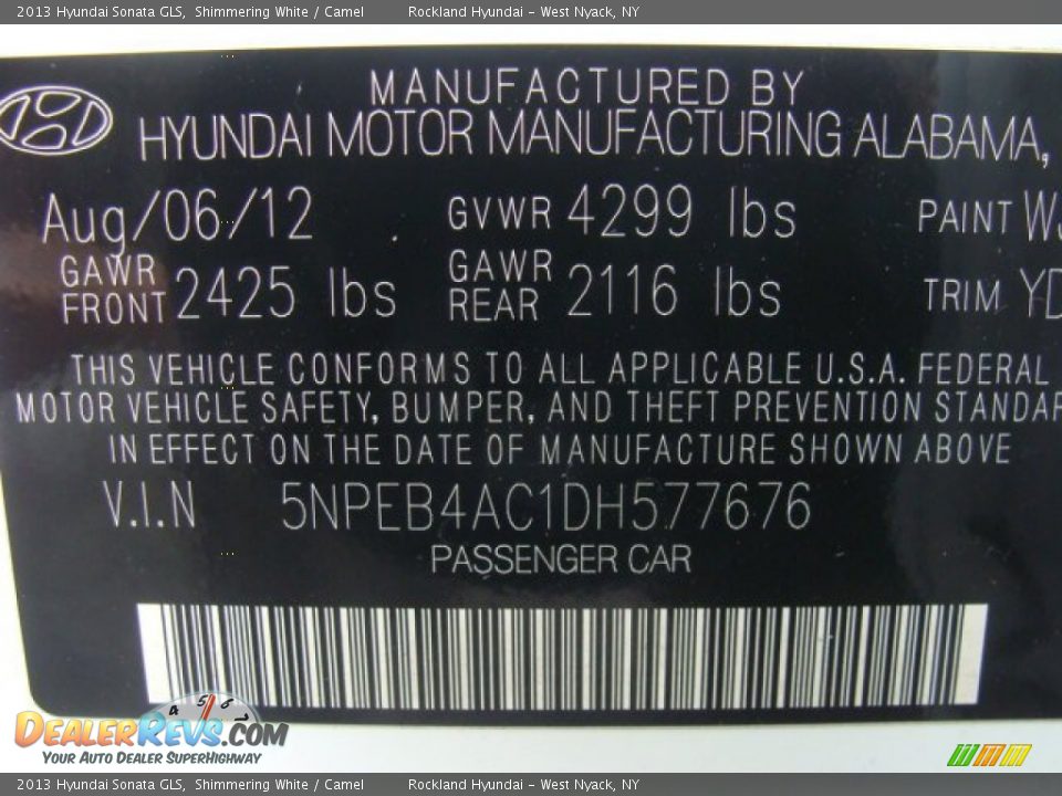 2013 Hyundai Sonata GLS Shimmering White / Camel Photo #31