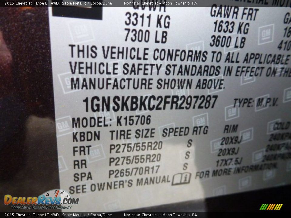 2015 Chevrolet Tahoe LT 4WD Sable Metallic / Cocoa/Dune Photo #15