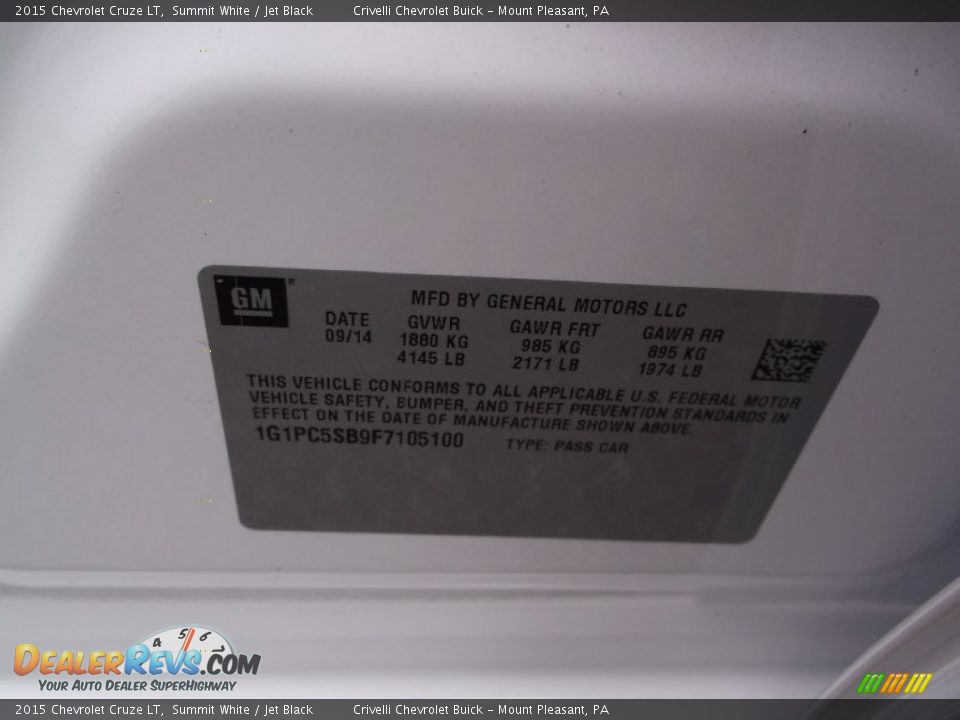 2015 Chevrolet Cruze LT Summit White / Jet Black Photo #20