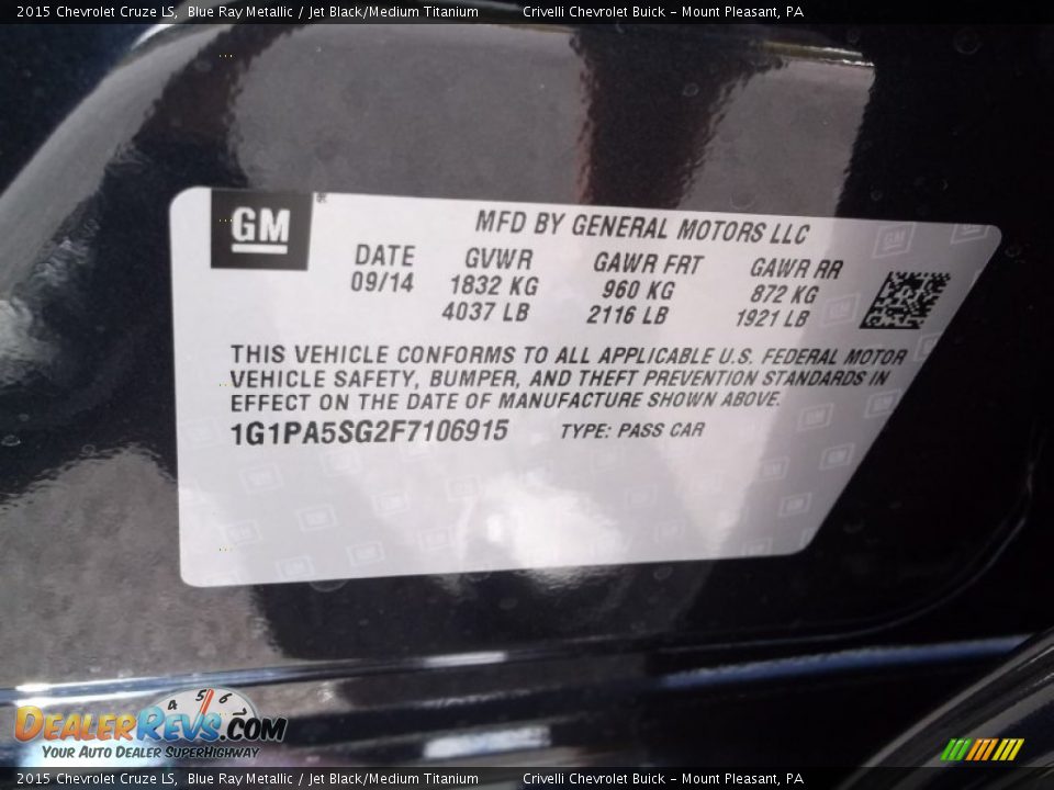 2015 Chevrolet Cruze LS Blue Ray Metallic / Jet Black/Medium Titanium Photo #20
