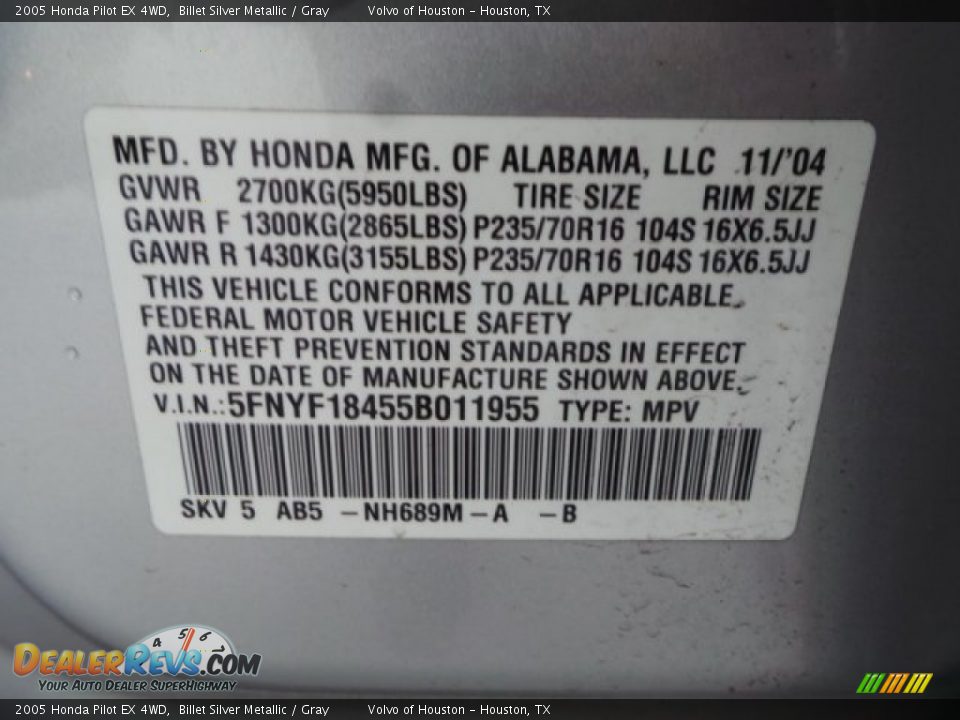 2005 Honda Pilot EX 4WD Billet Silver Metallic / Gray Photo #33