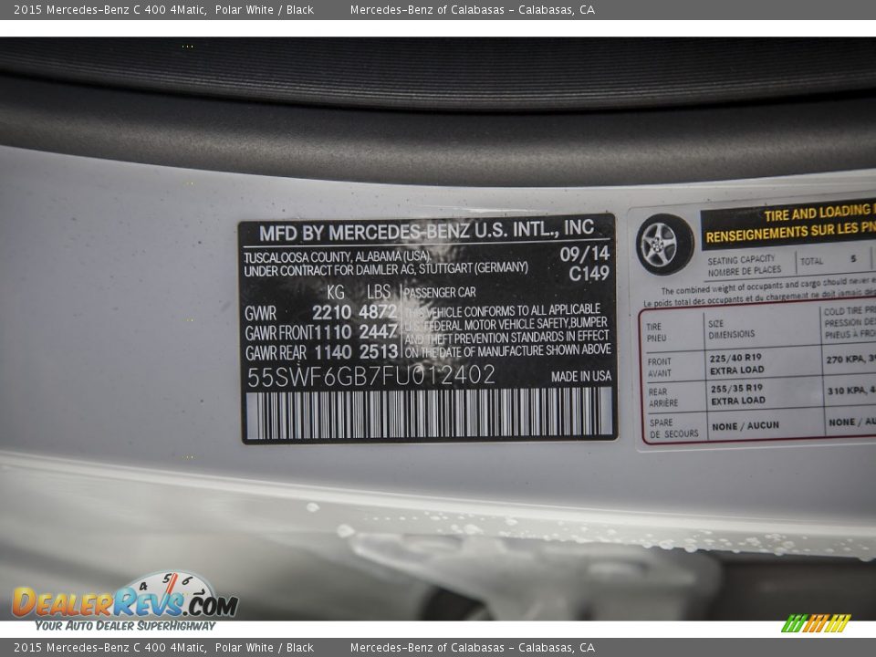 2015 Mercedes-Benz C 400 4Matic Polar White / Black Photo #7