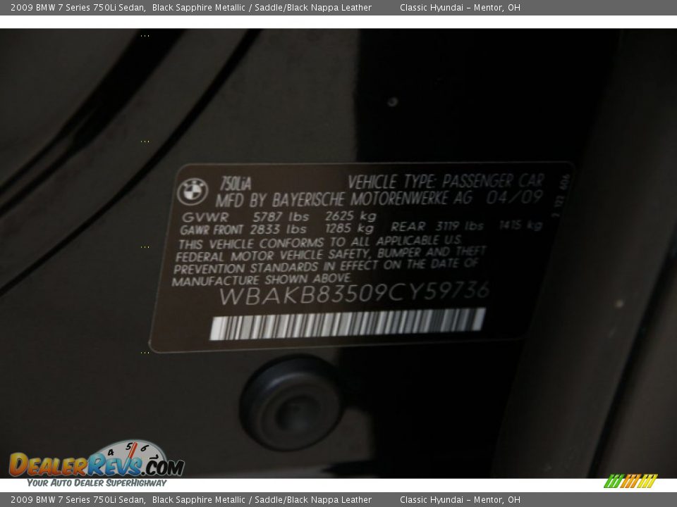 2009 BMW 7 Series 750Li Sedan Black Sapphire Metallic / Saddle/Black Nappa Leather Photo #20