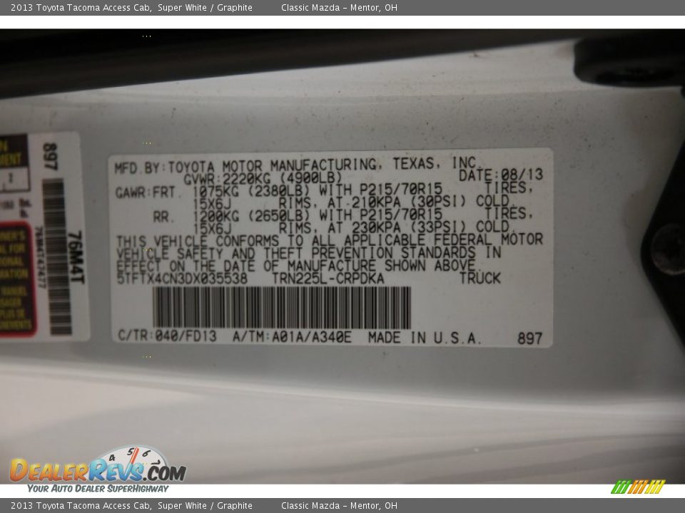 2013 Toyota Tacoma Access Cab Super White / Graphite Photo #15