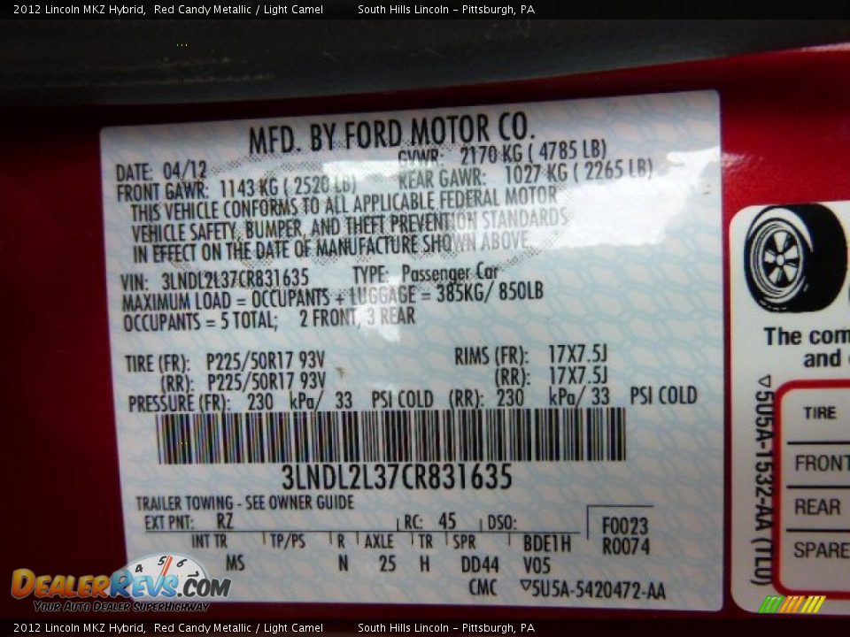 2012 Lincoln MKZ Hybrid Red Candy Metallic / Light Camel Photo #23