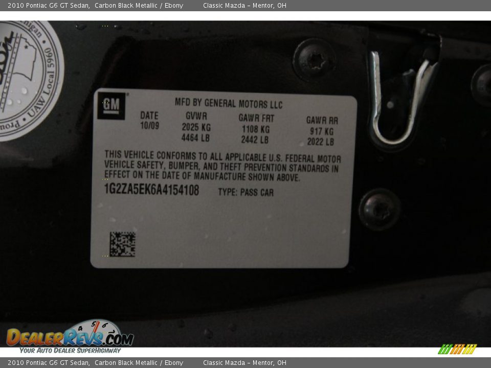 2010 Pontiac G6 GT Sedan Carbon Black Metallic / Ebony Photo #14