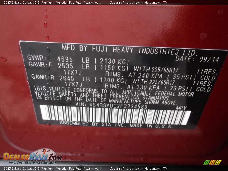 2015 Subaru Outback 2.5i Premium Venetian Red Pearl / Warm Ivory Photo #20