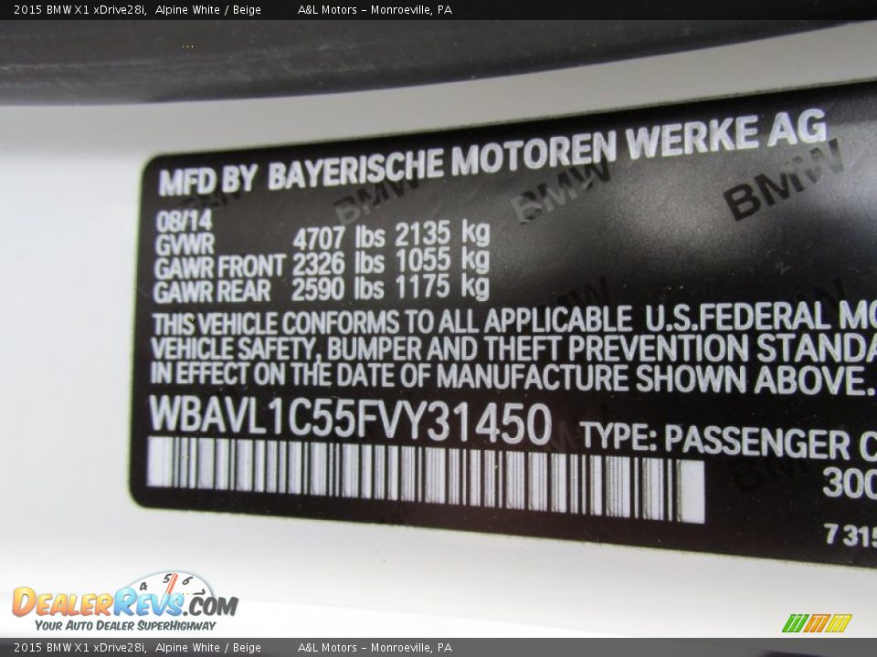 2015 BMW X1 xDrive28i Alpine White / Beige Photo #19