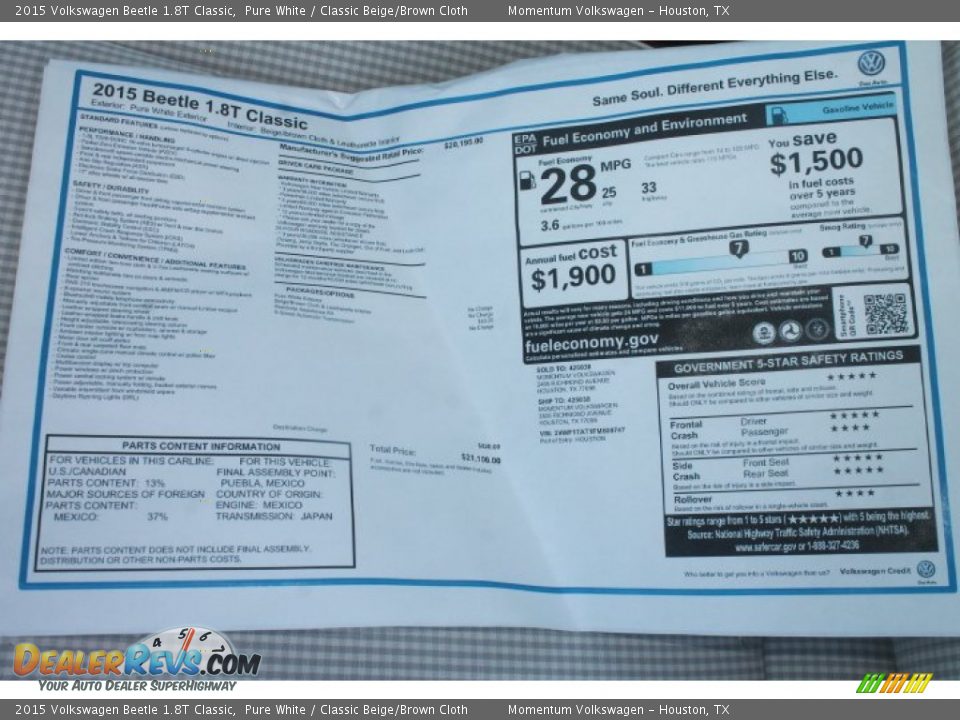 2015 Volkswagen Beetle 1.8T Classic Pure White / Classic Beige/Brown Cloth Photo #29