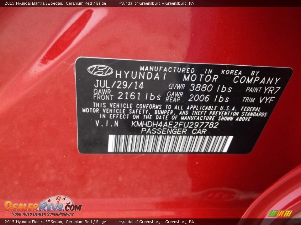 2015 Hyundai Elantra SE Sedan Geranium Red / Beige Photo #15