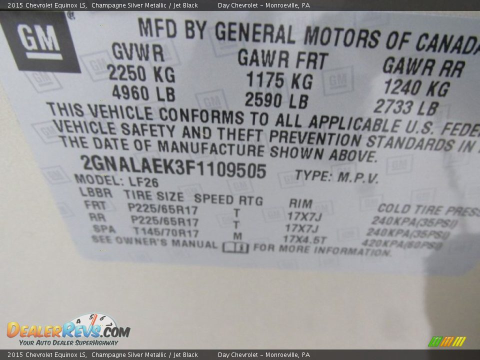 2015 Chevrolet Equinox LS Champagne Silver Metallic / Jet Black Photo #19