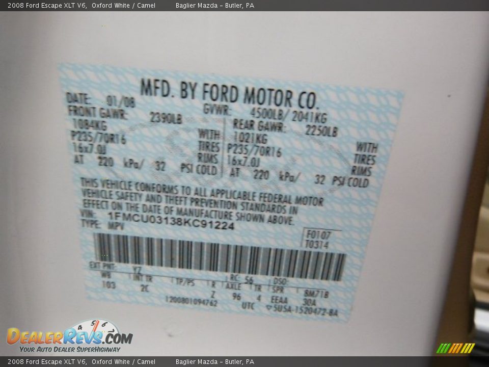 2008 Ford Escape XLT V6 Oxford White / Camel Photo #25