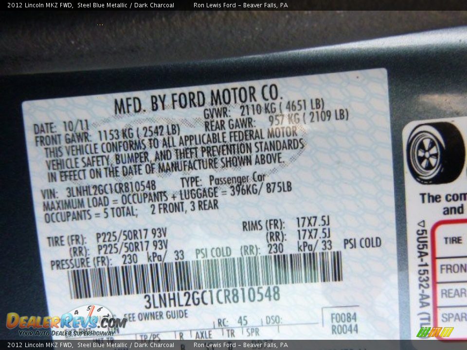2012 Lincoln MKZ FWD Steel Blue Metallic / Dark Charcoal Photo #20