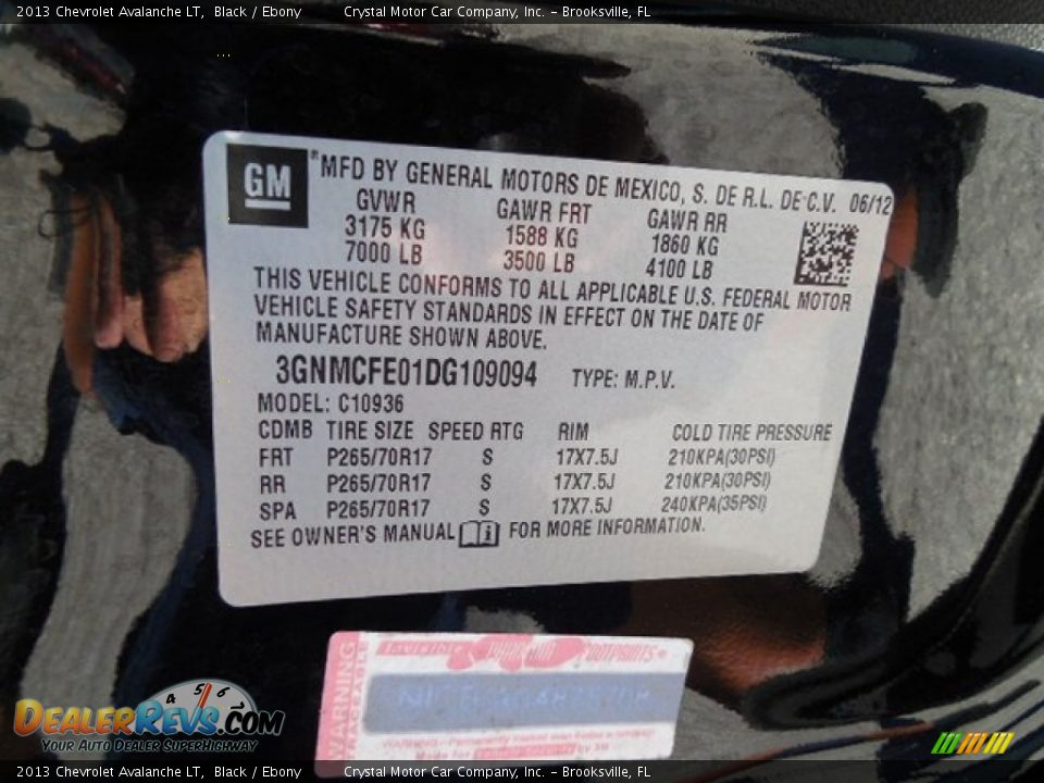 Info Tag of 2013 Chevrolet Avalanche LT Photo #22
