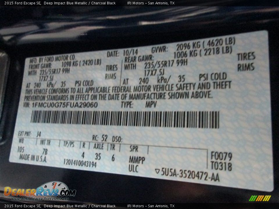 2015 Ford Escape SE Deep Impact Blue Metallic / Charcoal Black Photo #16