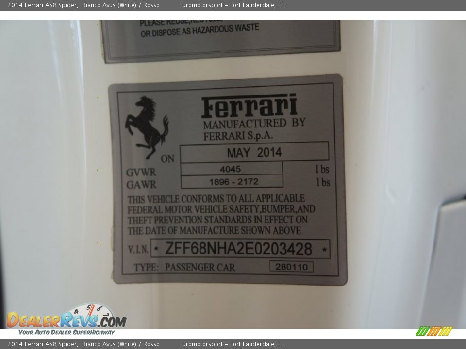 Info Tag of 2014 Ferrari 458 Spider Photo #61