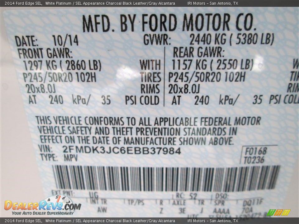 2014 Ford Edge SEL White Platinum / SEL Appearance Charcoal Black Leather/Gray Alcantara Photo #15
