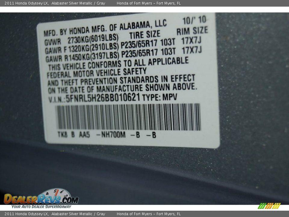 2011 Honda Odyssey LX Alabaster Silver Metallic / Gray Photo #33