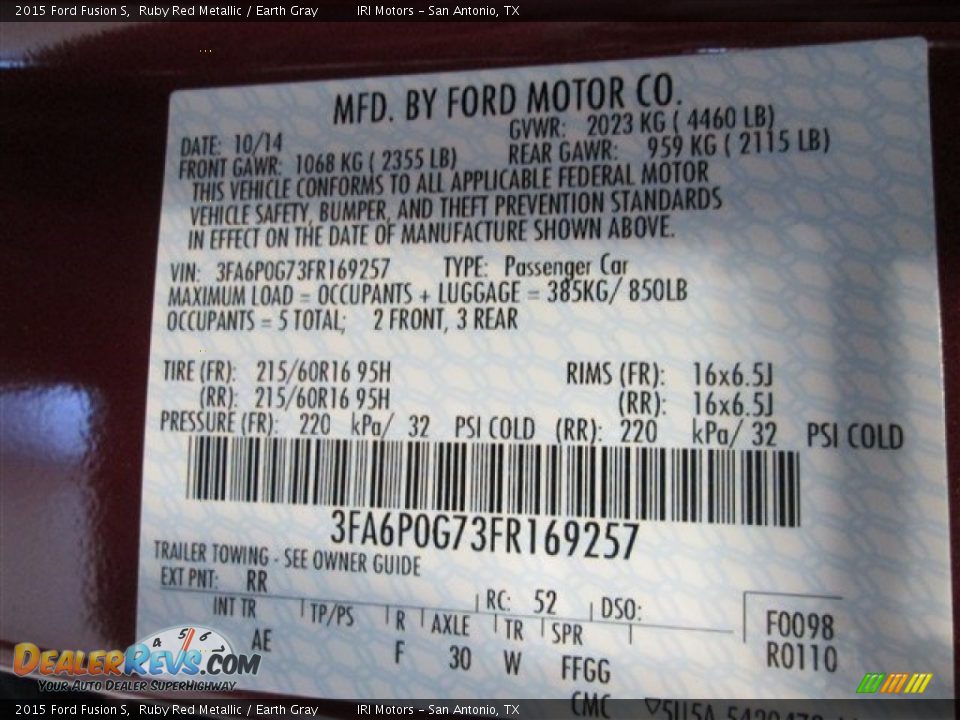2015 Ford Fusion S Ruby Red Metallic / Earth Gray Photo #14